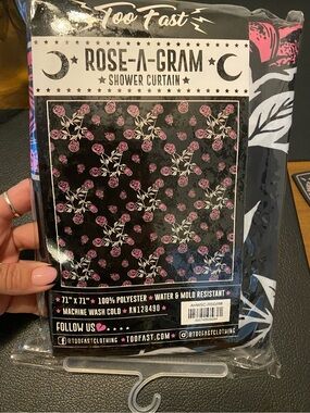 ***SOLD***Too Fast Black Shower Curtain with Pink Roses and Cream Stems